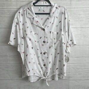 Dip Floral Linen Berry Floral Print Button Down Blouse | SIZE 3X